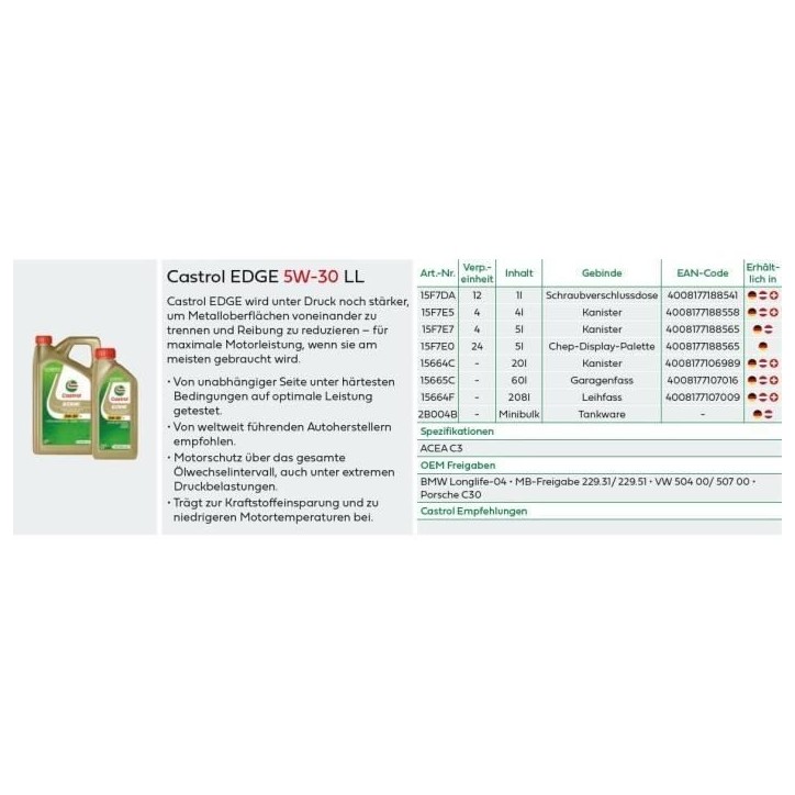 Huile moteur - CASTROL - EDGE 5W-30 LL - 1L