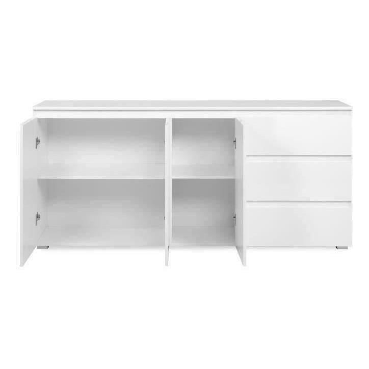 Buffet Capetown - Décor blanc brillant - Panneaux de particules - 3 portes - 3 étageres - 3 tiroirs - 179 x 80,5 x 40 cm