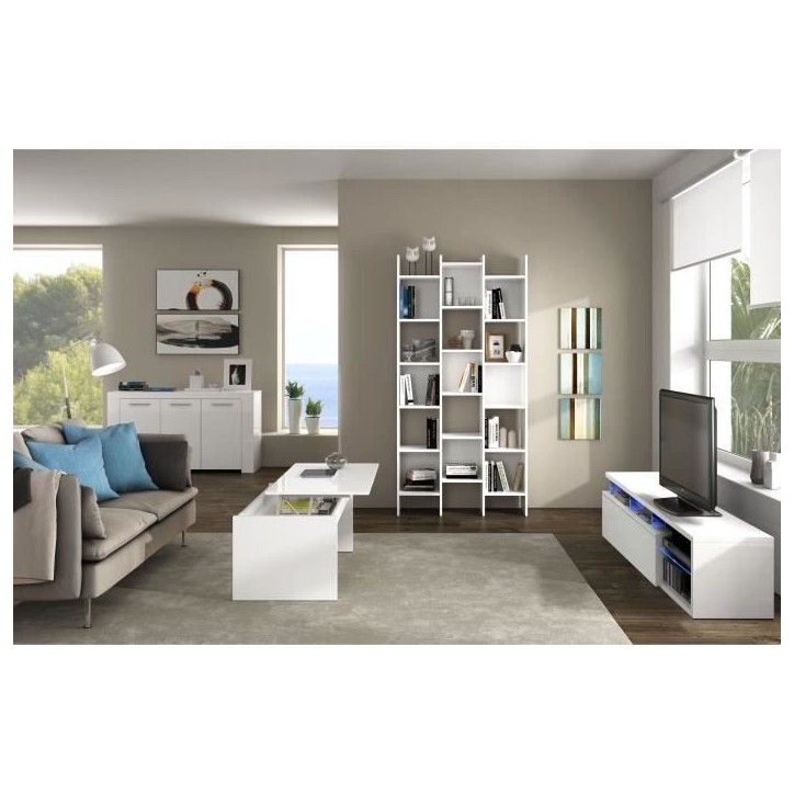 Meuble TV réversible BLUE-TECH - Mélaminé blanc laqué - 1 Porte abattante - LED - Blanc brillant - L150 x P41 x H43 cm