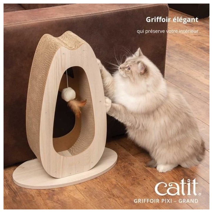 Griffoir pour chat - CATIT - Pixi Grand - Avec balle en tissu et plume - Aspect chene naturel