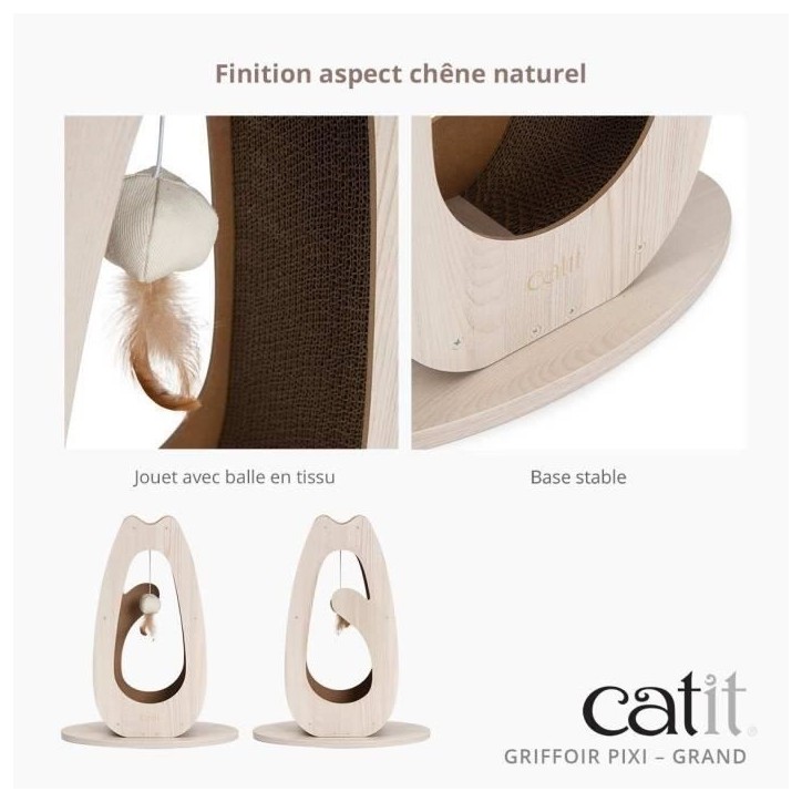 Griffoir pour chat - CATIT - Pixi Grand - Avec balle en tissu et plume - Aspect chene naturel