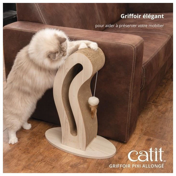 Griffoir pour chat - CATIT - Pixi Queue de chat - Avec balle en tissu et plume - Aspect chene naturel