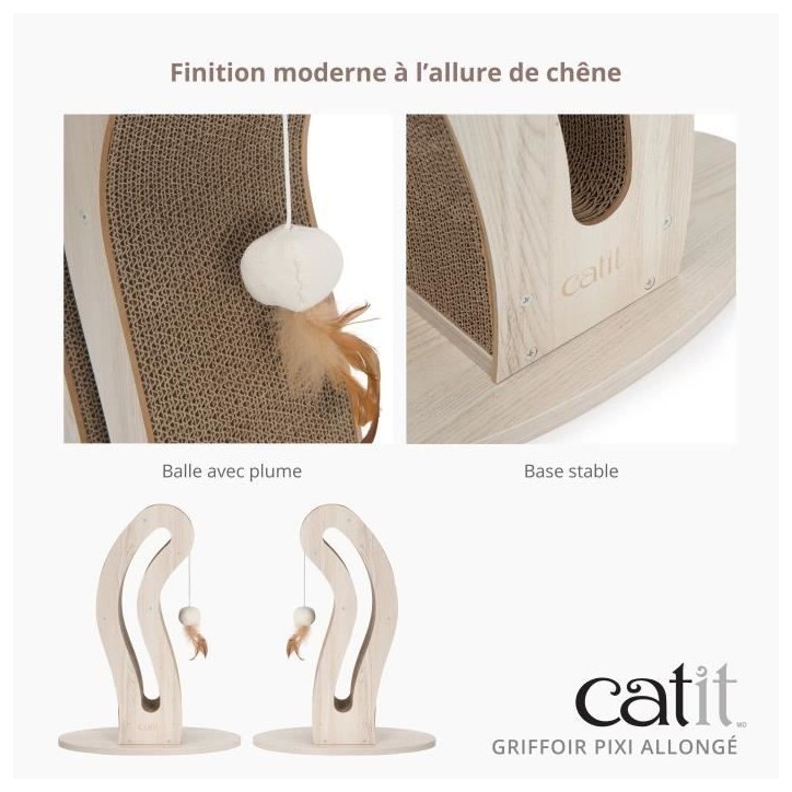 Griffoir pour chat - CATIT - Pixi Queue de chat - Avec balle en tissu et plume - Aspect chene naturel