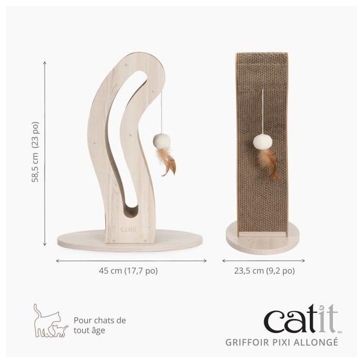 Griffoir pour chat - CATIT - Pixi Queue de chat - Avec balle en tissu et plume - Aspect chene naturel