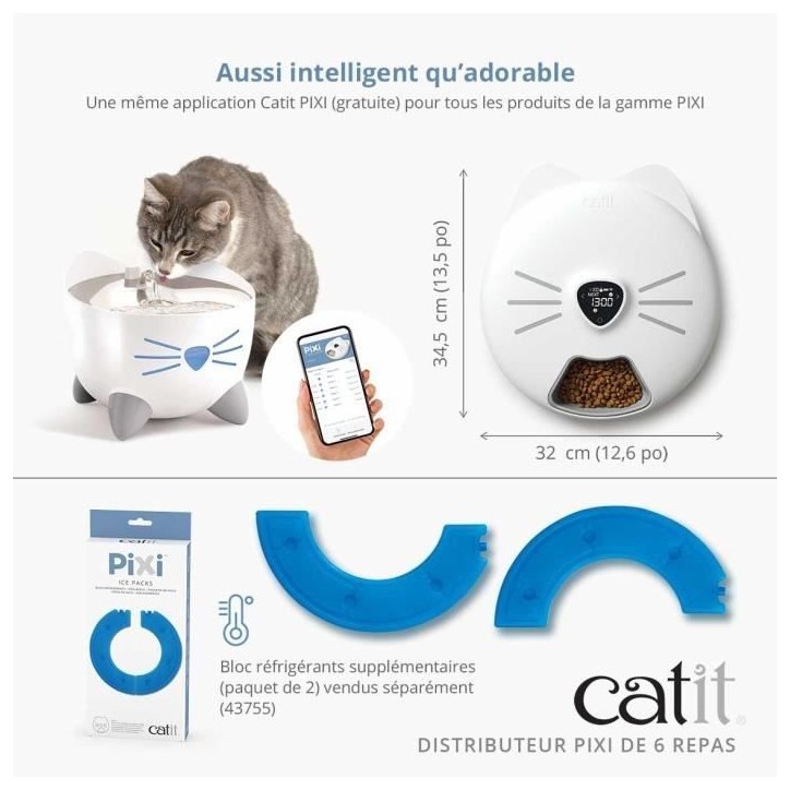 Distributeur de repas pour chat connecté - CATIT - PIXI SMART - 6 x 170ml - Ecran tactile LCD - Avec Blocs réfrigérants