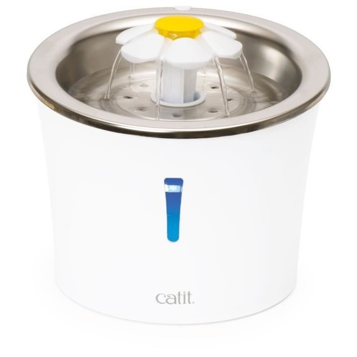 Fontaine a eau pour chat a fleur - CATIT - Flower - 3L - Dessus en acier inoxydable - Avec LED - Blanc Fontaine a eau pour chat a fleur - CATIT - Flower - 3L - Dessus en acier inoxydable - Avec LED - Blanc