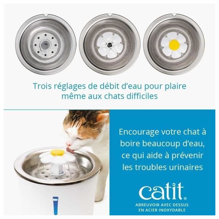 Fontaine a eau pour chat a fleur - CATIT - Flower - 3L - Dessus en acier inoxydable - Avec LED - Blanc Fontaine a eau pour chat a fleur - CATIT - Flower - 3L - Dessus en acier inoxydable - Avec LED - Blanc