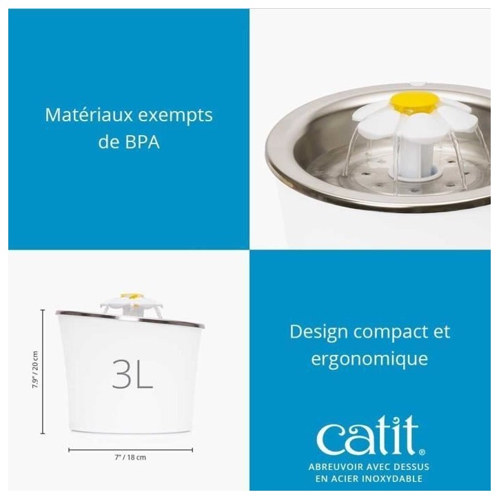 Fontaine a eau pour chat a fleur - CATIT - Flower - 3L - Dessus en acier inoxydable - Avec LED - Blanc Fontaine a eau pour chat a fleur - CATIT - Flower - 3L - Dessus en acier inoxydable - Avec LED - Blanc