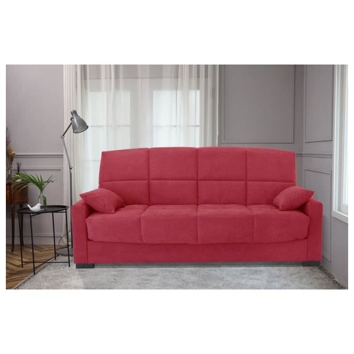 Clic clac 3 places MEGAN 14 - Tissu Soro rouge - Avec accoudoirs - Couchage 130x190 cm - L223 x P96 x H103 cm Clic clac 3 places MEGAN 14 - Tissu Soro rouge - Avec accoudoirs - Couchage 130x190 cm - L223 x P96 x H103 cm