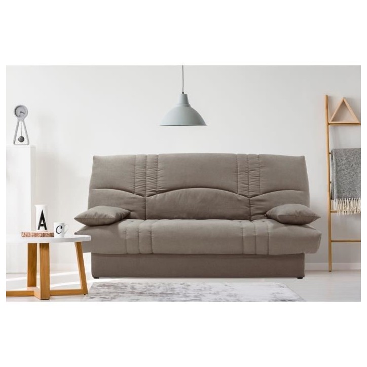 Clic clac 3 places THELMA - Tissu Soro taupe - Couchage 125x190 cm - L190 x P92 x H96 cm Clic clac 3 places THELMA - Tissu Soro taupe - Couchage 125x190 cm - L190 x P92 x H96 cm