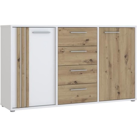 Buffet CARDIGAN 2 portes, 4 tiroirs - Décor chene artisan et blanc -