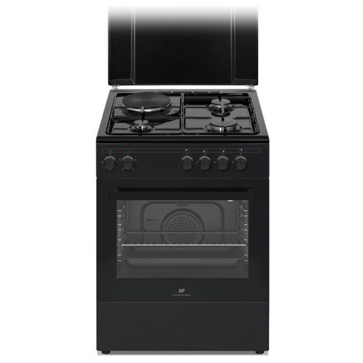 Cuisiniere mixte CONTINENTAL EDISON CECM60FCB - 3 feux gaz + 1 électrique - L59,8 x P61 xH83 cm - Noir Cuisiniere mixte CONTINENTAL EDISON CECM60FCB - 3 feux gaz + 1 électrique - L59,8 x P61 xH83 cm - Noir