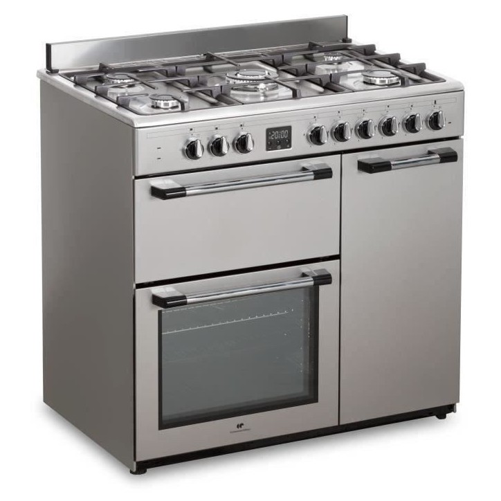Cuisiniere piano gaz 3 fours électriques CONTINENTAL EDISON CECP903FIX 5 feux - Inox - Largeur 90 cm