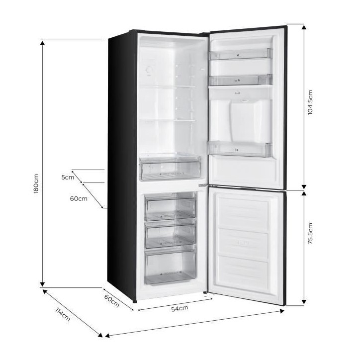 Réfrigérateur congélateur bas 251L - CONTINENTAL EDISON - Total No Frost(Sans givre) - Noir - Classe D - L 55 cm x H 180 cm