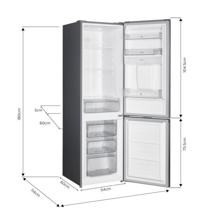 Réfrigérateur congélateur bas 251L - CONTINENTAL EDISON - Total No Frost - Inox - Classe D - L 55 cm x H 180 cm