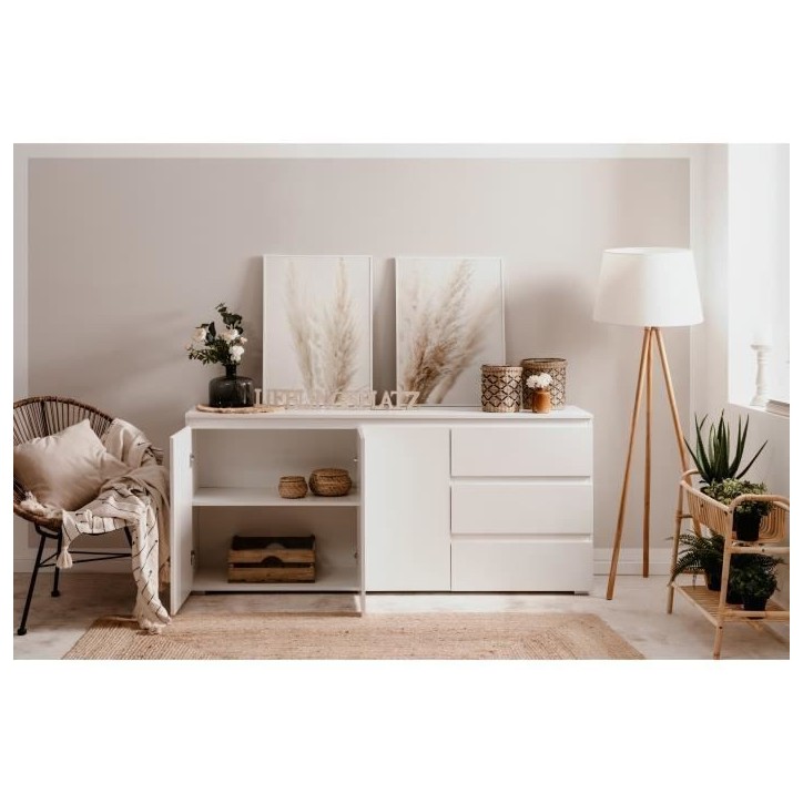 Buffet Capetown - Décor blanc brillant - Panneaux de particules - 3 portes - 3 étageres - 3 tiroirs - 179 x 80,5 x 40 cm