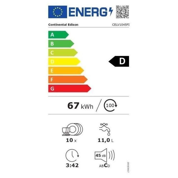 Lave-vaisselle encastrable CONTINENTAL EDISON CELV1045FI-10 couverts - Largeur44,8cm - Classe D - 45 dB - Blanc Lave-vaisselle encastrable CONTINENTAL EDISON CELV1045FI-10 couverts - Largeur44,8cm - Classe D - 45 dB - Blanc
