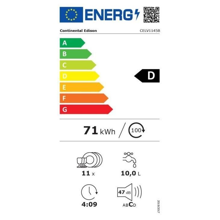 Lave-vaisselle pose libre - CONTINENTAL EDISON - CELV1145B - 11 couverts - 45 cm - 45 dB - Noir Lave-vaisselle pose libre - CONTINENTAL EDISON - CELV1145B - 11 couverts - 45 cm - 45 dB - Noir