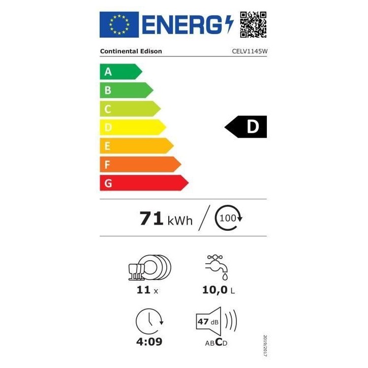Lave-vaisselle pose libre - CONTINENTAL EDISON - CELV1145W - 11 couverts - 45 cm - 45 dB - Blanc Lave-vaisselle pose libre - CONTINENTAL EDISON - CELV1145W - 11 couverts - 45 cm - 45 dB - Blanc