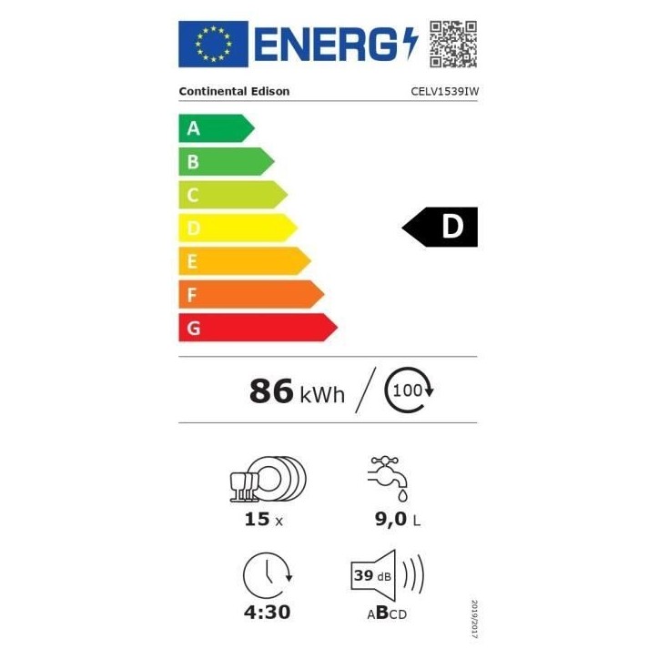Lave-vaisselle pose libre CONTINENTAL EDISON - 15 couverts - Largeur 59,8 cm - Classe D - moteur induction - 39 dB - Blanc Lave-vaisselle pose libre CONTINENTAL EDISON - 15 couverts - Largeur 59,8 cm - Classe D - moteur induction - 39 dB - Blanc