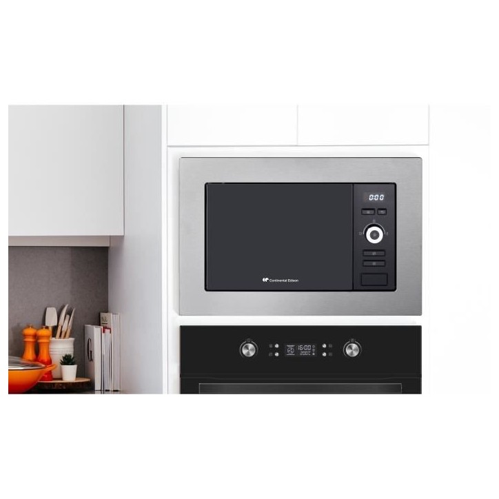 Four micro-ondes encastrable CONTINENTAL EDISON MO20IXES Noir et Inox L59,5 x 38,8 x P34,5 cm 20L Four micro-ondes encastrable CONTINENTAL EDISON MO20IXES Noir et Inox L59,5 x 38,8 x P34,5 cm 20L