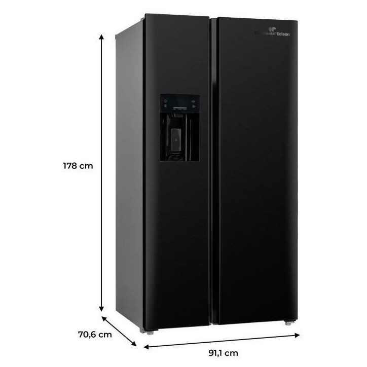 Réfrigérateur américain - CONTINENTAL EDISON - CERANF556B1 - Distributeur eau / glaçons - Classe E - 91,1 x 70,6 x 178 cm - Réfrigérateur américain - CONTINENTAL EDISON - CERANF556B1 - Distributeur eau / glaçons - Classe E - 91,1 x 70,6 x 178 cm -