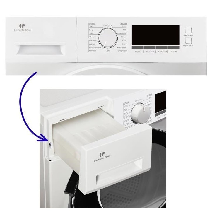 Seche-linge pompe a chaleur CONTINENTAL EDISON CESL8PCWD - 8 kg - 60 cm - Classe D - Blanc Seche-linge pompe a chaleur CONTINENTAL EDISON CESL8PCWD - 8 kg - 60 cm - Classe D - Blanc