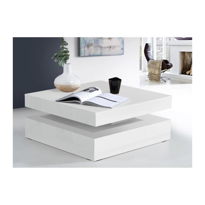 Table basse plateau rotatif - Carré Blanc brillant - 78 x 78 x 36 cm Table basse plateau rotatif - Carré Blanc brillant - 78 x 78 x 36 cm