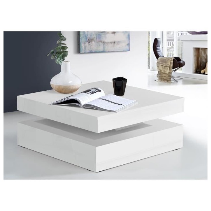 Table basse plateau rotatif - Carré Blanc brillant - 78 x 78 x 36 cm - COFFEE Table basse plateau rotatif - Carré Blanc brillant - 78 x 78 x 36 cm - COFFEE