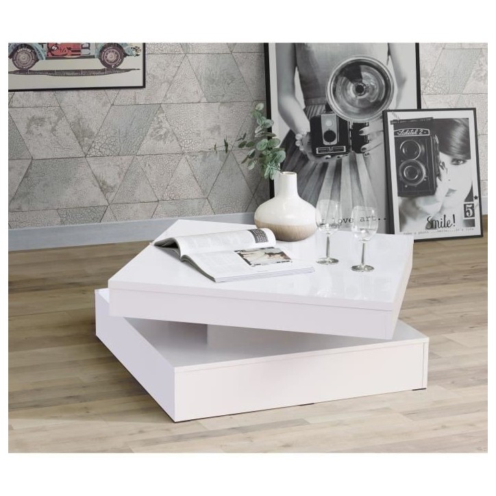 Table basse plateau rotatif - Carré Blanc brillant - 78 x 78 x 36 cm - COFFEE Table basse plateau rotatif - Carré Blanc brillant - 78 x 78 x 36 cm - COFFEE