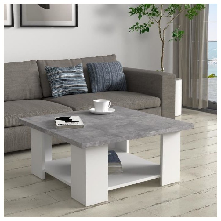 Table basse PILVI - Blanc et béton clair - Contemporain - L 67 x P 67 x H 31 cm Table basse PILVI - Blanc et béton clair - Contemporain - L 67 x P 67 x H 31 cm