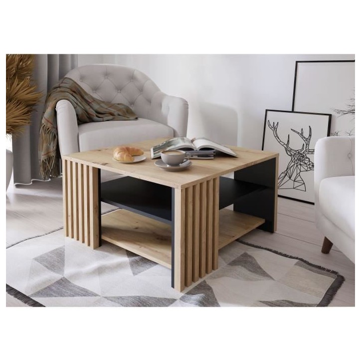 Table basse CARDIGAN - Décor chene artisan et noir - L80 x P80 x H45 cm - Poignées en métal noir Table basse CARDIGAN - Décor chene artisan et noir - L80 x P80 x H45 cm - Poignées en métal noir