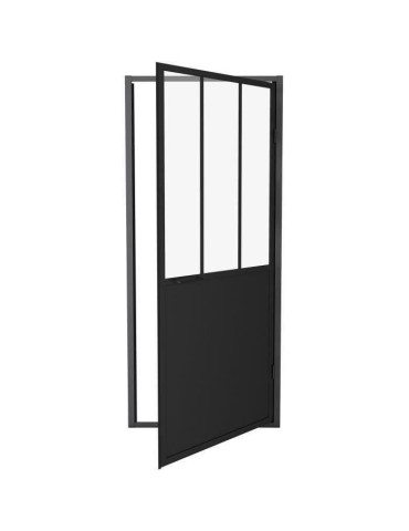 Porte de douche pivotante 90x200 - Style industriel - Verre transparent - Noir mat - Aluminium - Réversible