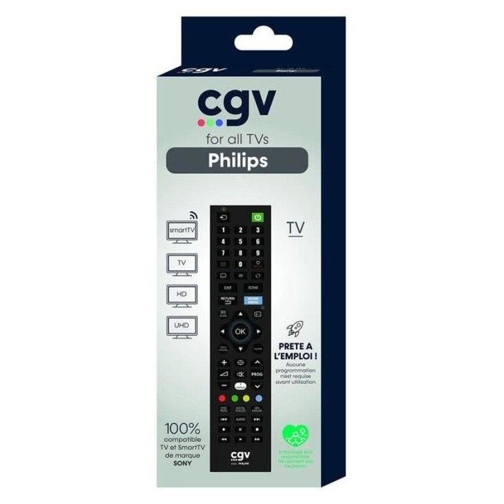 Télécommande de remplacement - CGV - FIDELIO Philips - Pour téléviseurs Philips - Sans programmation - Prete a l'emploi Télécommande de remplacement - CGV - FIDELIO Philips - Pour téléviseurs Philips - Sans programmation - Prete a l'emploi