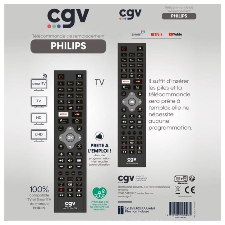 Télécommande de remplacement - CGV - FIDELIO Philips - Pour téléviseurs Philips - Sans programmation - Prete a l'emploi Télécommande de remplacement - CGV - FIDELIO Philips - Pour téléviseurs Philips - Sans programmation - Prete a l'emploi