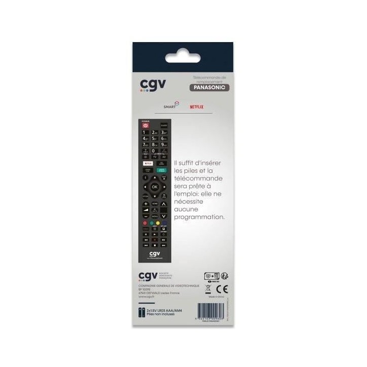 Télécommande de remplacement - CGV - FIDELIO Panasonic - Pour téléviseurs Panasonic - Sans programmation - Prete a l'emploi Télécommande de remplacement - CGV - FIDELIO Panasonic - Pour téléviseurs Panasonic - Sans programmation - Prete a l'emploi