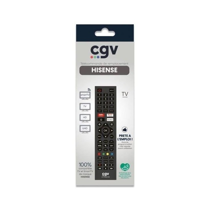 Télécommande de remplacement - CGV - FIDELIO Hisense - Pour téléviseurs Hisense - Sans programmation - Prete a l'emploi