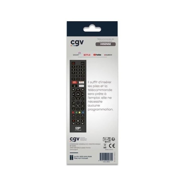 Télécommande de remplacement - CGV - FIDELIO Hisense - Pour téléviseurs Hisense - Sans programmation - Prete a l'emploi