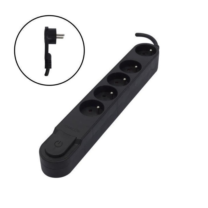 CHACON Bloc multiprise 5 prises 16 A avec interrupteur, fiche plate, câble 1,5 m HO5VV-F 3x1,5 mm² noir