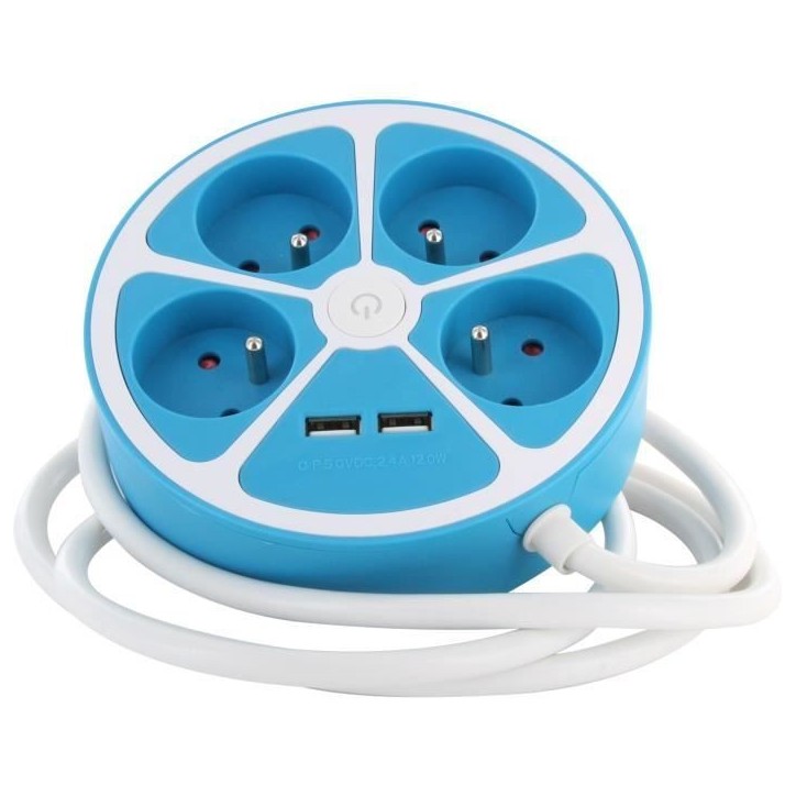 Multiprise design circulaire - CHACON - 4X16 A - Cordon 1,5 m - Avec 2 USB-A + Interrupteur - Bleu
