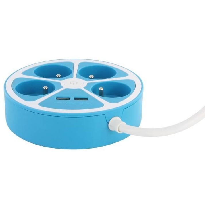 Multiprise design circulaire - CHACON - 4X16 A - Cordon 1,5 m - Avec 2 USB-A + Interrupteur - Bleu