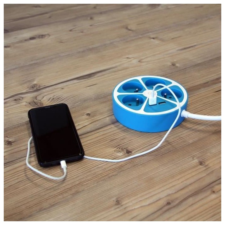 Multiprise design circulaire - CHACON - 4X16 A - Cordon 1,5 m - Avec 2 USB-A + Interrupteur - Bleu