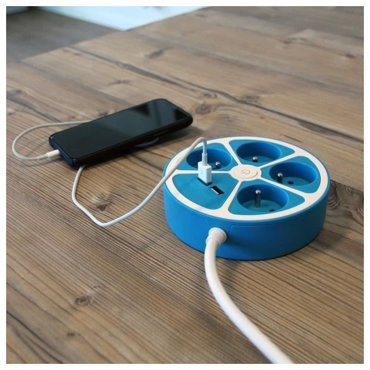 Multiprise design circulaire - CHACON - 4X16 A - Cordon 1,5 m - Avec 2 USB-A + Interrupteur - Bleu