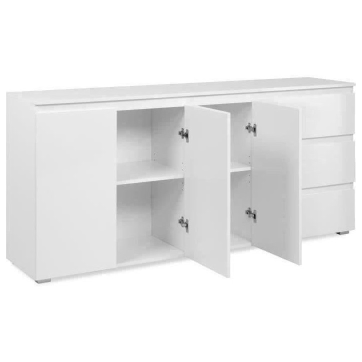 Buffet Capetown - Décor blanc brillant - Panneaux de particules - 3 portes - 3 étageres - 3 tiroirs - 179 x 80,5 x 40 cm
