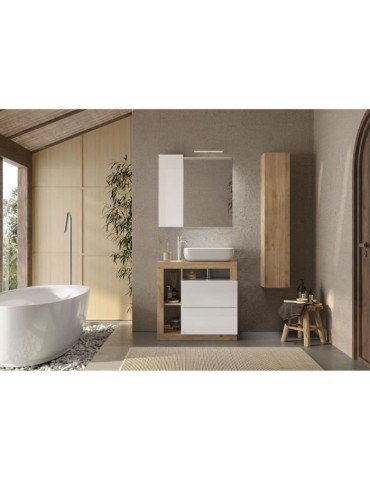 Ensemble Meuble salle de bain HAMBOURG L78 - Vasque + 2 Tiroirs + 3 niches + Colonne - Coloris chene clair et laqué blanc