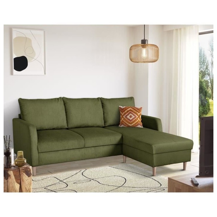 Canapé d'angle fixe - 3 places - CHIPY - Tissu Lincoln Kaki - Pieds bois nature - 192 x 82 x 138 cm Canapé d'angle fixe - 3 places - CHIPY - Tissu Lincoln Kaki - Pieds bois nature - 192 x 82 x 138 cm