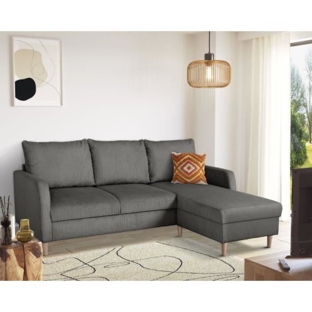 Canapé d'angle fixe - 3 places - CHIPY - Tissu Lincoln Anthracite - Pieds bois nature - 192 x 82 x 138 cm