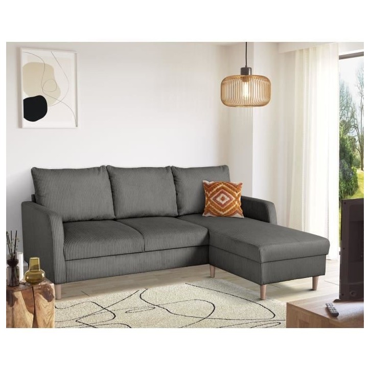 Canapé d'angle fixe - 3 places - CHIPY - Tissu Lincoln Anthracite - Pieds bois nature - 192 x 82 x 138 cm Canapé d'angle fixe - 3 places - CHIPY - Tissu Lincoln Anthracite - Pieds bois nature - 192 x 82 x 138 cm