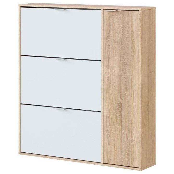 Meuble a chaussure - CLASS - 3 tiroirs abattants et 1 porte - Chene canadien et blanc - 106x115x22cm