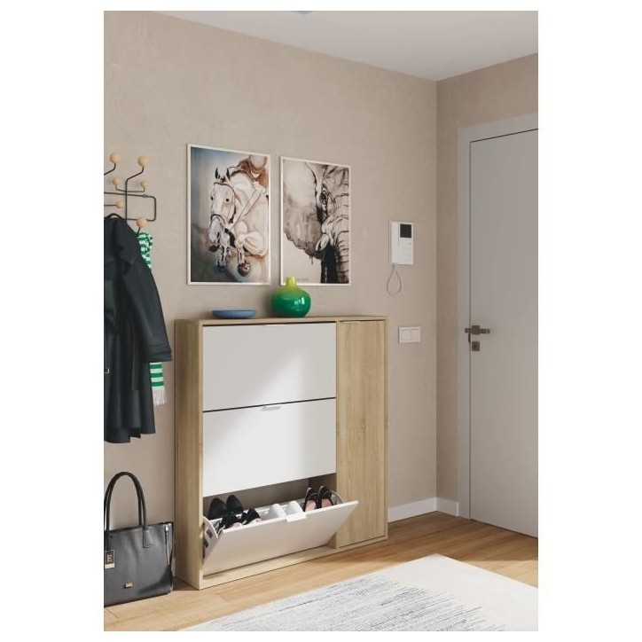 Meuble a chaussure - CLASS - 3 tiroirs abattants et 1 porte - Chene canadien et blanc - 106x115x22cm
